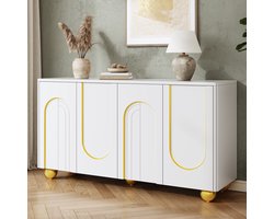 Sweiko Dressoir - 4 deuren opbergkast - Gebogen versiering met gouden lijnen - Bolvormige metalen pootjes - Wit