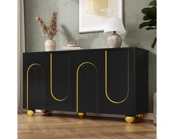 Sweiko Dressoir - 4 deuren opbergkast - Gebogen versiering met gouden lijnen - Bolvormige metalen pootjes - Zwart