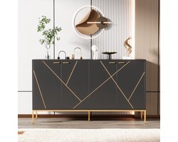 Sweiko Dressoir - 4 deurs TV meubel - Metalen pootjes - Lineair accent - Zwart + Goud