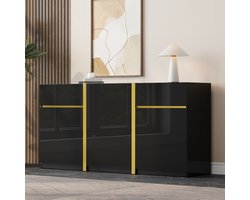 Sweiko Dressoir - Halmeubel - Hoogglans - Drie deuren - 2 lades - Gouden details - Zwart