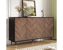 Sweiko Dressoir - Halmeubel - Houtlook - 4 deuren - Verstelbare planken - Metalen poten - Zwart + Bruin