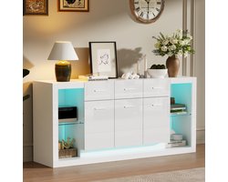 Sweiko Dressoir - Halmeubel - LED-verlichting - 3 lades - Hoogglans - Glazen planken - Wit