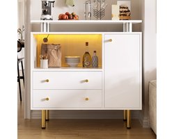 Sweiko Dressoir - Halmeubel - LED-verlichting - Glazen schuifdeuren - 2 lades - Metalen poten - 80 × 35 × 80 cm - Wit
