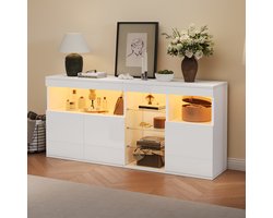 Sweiko Dressoir - Halmeubel - LED-verlichting - Hoogglans - Glazen planken - Wit