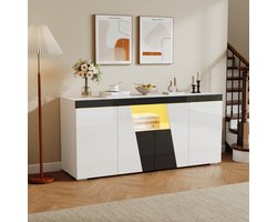 Sweiko Dressoir - Hoogglans - LED-verlichting - Verstelbare planken - Halmeubel - Wit + Zwart