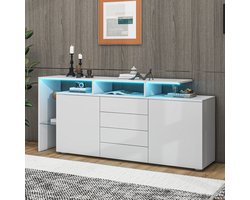 Sweiko Dressoir - LED-verlichting - Hoogglans - TV-kast - 4 lades - Glazen planken - Wit