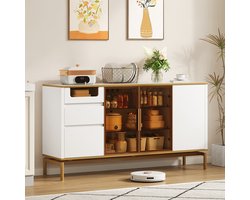 Sweiko Dressoir - Marmeren blad - Gouden rand - 3 laden - Bruine glasdeuren - Wit