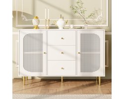 Sweiko Dressoir, PE rotan deur, opbergkast met 3 laden, wit, 120 x 40 x 90 cm