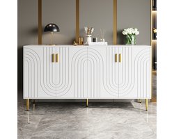 Sweiko Dressoir, vier deuren, uniek golfdesign, gouden handgrepen en pootjes, 152 x 40 x 75 cm, wit