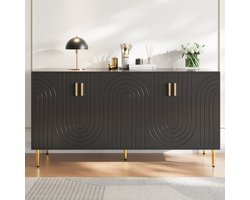 Sweiko Dressoir, vier deuren, uniek golfdesign, gouden handgrepen en pootjes, 152 x 40 x 75 cm, zwart