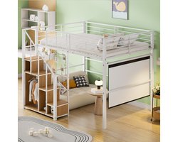 Sweiko Dubbeldeks bed met Veiligheidsladder voor kinderen 140x200cm, babybedje met opbergruimte, ijzeren frame en plank, jeugdbed, Wit (Geen matras)
