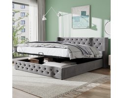 Sweiko Dubbele bed 160*200cm Hydraulische Functionele Bedbodem is met Vuilafstotende Zwarte niet-geweven stof, Dubbele rij klinknagels Flanel, Knopnaden hoofd en voeteinde, Grijs