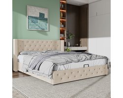 Sweiko Dubbele rij klinknagels Flanel, Knopnaden hoofd en voeteinde, Dubbele bed 180*200 Hydraulische functionele bedbodem is met vuilafstotende zwarte niet-geweven stof,Beige