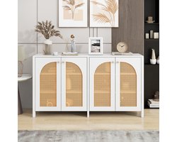 Sweiko Een Moderne Bestekkast in Minimalistische Stijl met vier rieten deuren en metalen handgrepen Een eenvoudige Buffetkast in de eetkamer, Woonkamer en keuken (Wit)