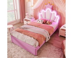 Sweiko Eenpersoonsbed - 90 x 200 cm - Crown Princess bed - LED-verlichting - 2 laden - zonder matras - Roze