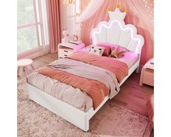 Sweiko Eenpersoonsbed - 90 x 200 cm - Crown Princess bed - LED-verlichting - 2 laden - zonder matras - wit