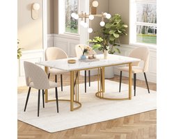 Sweiko Eetgroep, (140 x 80cm eettafel met 4-stoelen), Moderne keuken eettafel set, Fluweel restaurant stoelen, Diamant patroon, verstelbare stoelpoten, Beige fluweel, Wit MDF tafelblad, Gouden tafelpoten