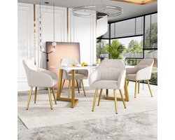 Sweiko Eetgroep, (set, 117 x 68 x 75cm eettafel met 4-stoelen), Moderne keuken eettafel set, Eetstoel, keukenstoel met rugleuning, wit MDF tafelblad, gouden tafelpoten
