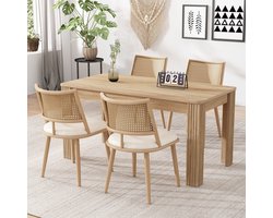 Sweiko Eetkamerstoel, 4-delige set, PU Zitdecoratie, Rotan Geweven Rugleuning, Retro natuurlijk, woonkamer, slaapkamer stoel, Beige(Tafel niet inbegrepen)