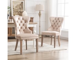 Sweiko Eetkamerstoel (Keukenstoel, Woonkamer Stoel met Unieke Deurringen op de rug, 2-delig), Zachte kussens stoel met spijkerhoofd decoratie, massief houten poten, fluwelen hoes, Beige kleur