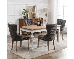 Sweiko Eetkamerstoel (keukenstoel, Woonkamer stoel met unieke deurringen op de rug, 4-delig), Gewatteerde stoel met nagelkopdecoratie, massief houten poten, fluwelen hoes, Grijs