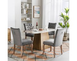 Sweiko Eetkamerstoel (Keukenstoel, Woonkamer Stoel met Unieke Deurringen op de rug, 4-delig), Gewatteerde stoel met nagelkopdecoratie, massief houten poten, fluwelen hoes, Grijs(excl. tafel)
