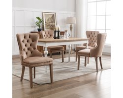 Sweiko Eetkamerstoel (Keukenstoel, Woonkamer Stoel met unieke Deurringen op de rug, 4-delig), Gewatteerde stoel met nagelkopdecoratie, massief houten poten, Fluweel, Bruin(excl. tafel)
