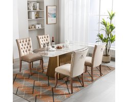 Sweiko Eetkamerstoel (Keukenstoel, Woonkamer stoel met unieke deurringen op de rug, 4-stuks), gewatteerde stoel met spijkerhoofd decoratie, massief houten poten, fluwelen hoes, Lichte kameelkleur(excl. tafel)
