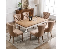 Sweiko Eetkamerstoel (Keukenstoel, Woonkamer Stoel met unieke deurringen op de rug, 6-delig), gewatteerde stoel met nagelkopdecoratie, massief houten poten, Fluwelen hoes, Bruin(excl. tafel)
