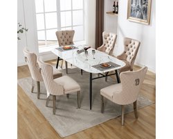 Sweiko Eetkamerstoel (Keukenstoel, Woonkamer stoel met unieke deurringen op de rug, 6-delig), Gewatteerde stoel met nagelkopdecoratie, metalen steunpoten, fluwelen hoes, Beige kleur