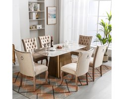 Sweiko Eetkamerstoel (Keukenstoel, Woonkamer Stoel met unieke deurringen op de rug, 6-delig), Gewatteerde stoel met spijkerhoofd decoratie, massief houten poten, fluwelen cover, Lichte kameelkleur(excl. tafel)