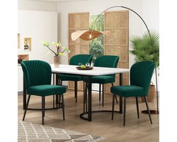 Sweiko Eetkamerstoel set, (set, 140 × 80 × 75cm Eettafel, 4 Stoelen), Moderne Keuken Eettafel set, Donkergroen Fluweel eetkamerstoel, zacht kussen stoel ontwerp met rugleuning, Wit MDF tafelblad, Zwarte tafelpoten