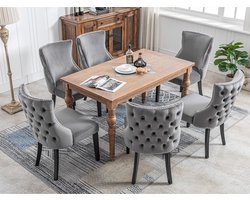 Sweiko Eetkamerstoelen, (6-stoelen) Grijze fluwelen eetkamerstoelen met knoopstiksels, massief houten frame, Grijs (excl. tafel)
