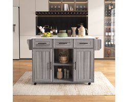 Sweiko Eetkast, 139x46 (71) x91.5 cm Grote servicekar/zijkast, met een Grijs massief houten fineer op de hoofdbehuizing en een wit marmer patroon op het aanrecht, Grijs