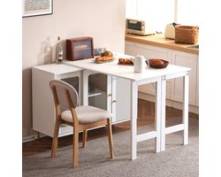 Sweiko Eettafel - Dressoir - Uitschuifbaar tafelblad - Glazen schuifdeuren - Metalen handgrepen - Wit