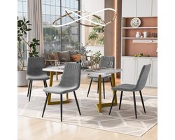 Sweiko Eettafel en stoel set (1+4), Gouden poot eettafel met 4 donkergrijze fluwelen eetkamerstoelen, Moderne eettafel en stoel set, marmeren MDF eettafel met elegante stoelen