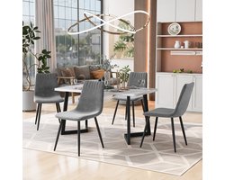 Sweiko Eettafel en stoel set (1+4), Zwarte poot eettafel met 4 donkergrijze fluwelen eetkamerstoelen, moderne eettafel en stoel set, marmeren MDF eettafel met elegante stoelen