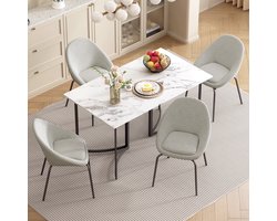 Sweiko Eettafel en Stoel Set - Marmer look - 4 Shaker stoelen - Wit + Grijs
