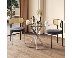 Sweiko Eettafel en stoelen set - 2 stoels - Glazen tafelblad - Gegalvaniseerde poten - Rotan rugleuning - Zilver + Grijs