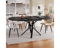 Sweiko Eettafel en stoelen set - 5-delige set - Ovale uitschuifbare tafel - 4 velvet stoelen - Marmerlook - Zwart + beige