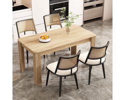 Sweiko Eettafel en stoelen set - Rechthoekige eettafel - 4 stoels - PU-zitkussens - Rotan rugleuningen - Naturel + Zwart