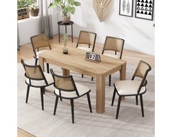 Sweiko Eettafel en stoelen set - Rechthoekige eettafel - 6 stoels - PU-zitkussens - Rotan rugleuningen - Natuurlijke + Zwart