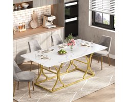 Sweiko Eettafel - Marmerlook - MDF-tafelblad - Metalen poten - Geschikt voor 6 personen - Wit + Goud