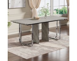 Sweiko Eettafel - MDF tafelblad - Metalen poten - Rechthoekig - Voor 6 personen - Grijs + Zilver