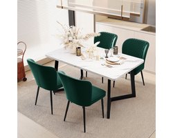 Sweiko Eettafel set, 117 x 68 x 75cm eettafel met 4 stoelen, moderne keuken eettafel set, groen fluweel eetkamerstoelen, kussens stoel ontwerp met rugleuning, wit MDF tafelblad, zwarte tafelpoten