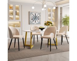 Sweiko Eettafel Set, 117×68cm Eettafel met 4 Stoelen,Rechthoekige Eettafel Moderne Keukentafel Set,Fluwelen Eetstoel met Diamantpatroon,Verstelbare Stoelboten,Beige Fluweel,Gouden Tafelpoten