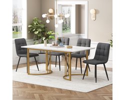 Sweiko Eettafel set (5-delige set), Eettafel set met 4-stoelen, Moderne keuken eettafel set, 140 x 80cm keuken eettafel met gouden metalen poten, wit MDF tafelblad, donkergrijs linnen eetstoelen
