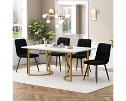 Sweiko Eettafel set (5-delige set), Eettafel set met 4-stoelen, Moderne keuken eettafel set, 140 x 80cm keuken eettafel met gouden metalen poten, Wit MDF tafelblad, Zwart fluweel eetkamerstoelen