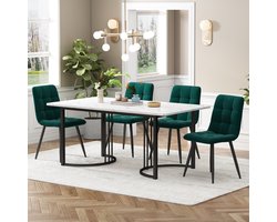 Sweiko Eettafel set (5-delige set), Eettafel set met 4-stoelen, Moderne keuken eettafel set, keuken eettafel met 140 x 80cm zwart metalen poten, wit MDF tafelblad, donkergroen fluweel eetkamerstoelen