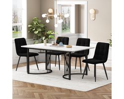 Sweiko Eettafel set (5-delige set), Eettafel set met 4-stoelen, moderne keukentafel set, 140 x 80cm keukentafel met zwart metalen poten, Wit MDF tafelblad, zwart fluwelen eetkamerstoelen